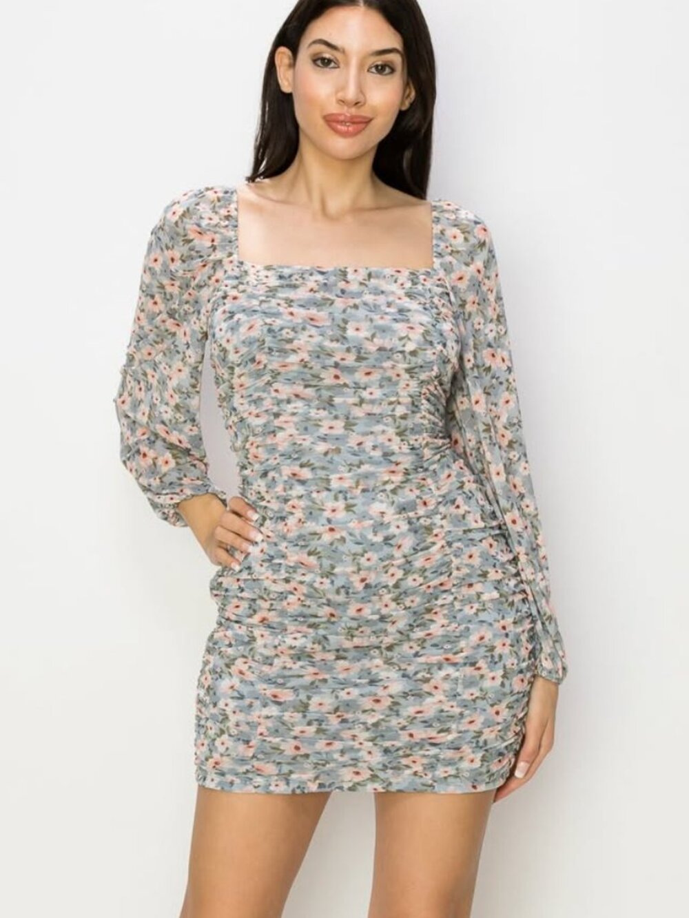 NWT Story On Blue Floral Ruched Mesh Mini Dress Long Sleeve Bodycon